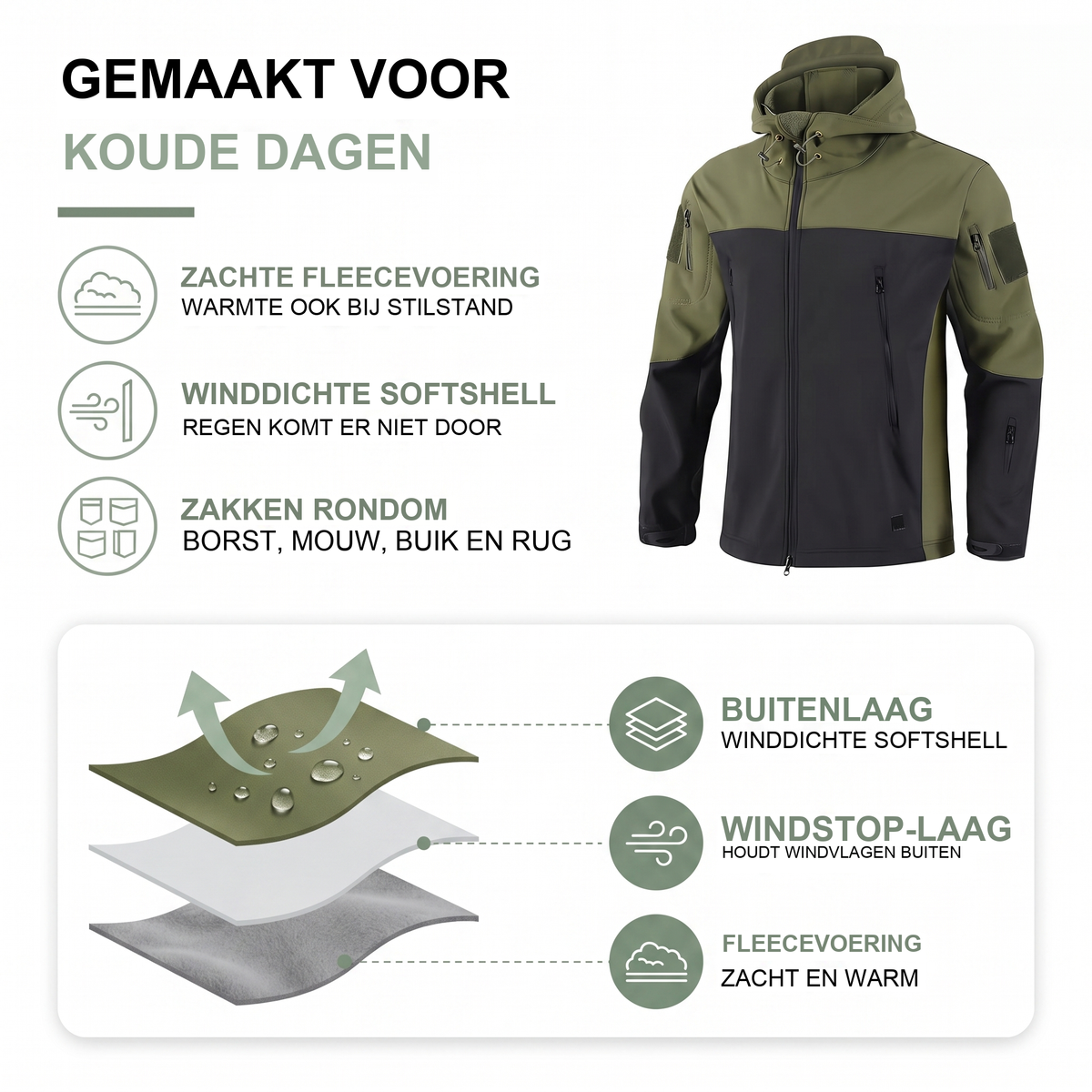 Gevoerde softshell jas heren met capuchon in camouflage