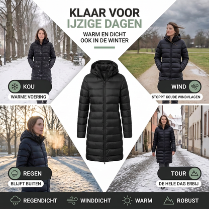 Lange Winterjas Dames met Dons - Waterdicht & Winddicht - Licht met Capuchon