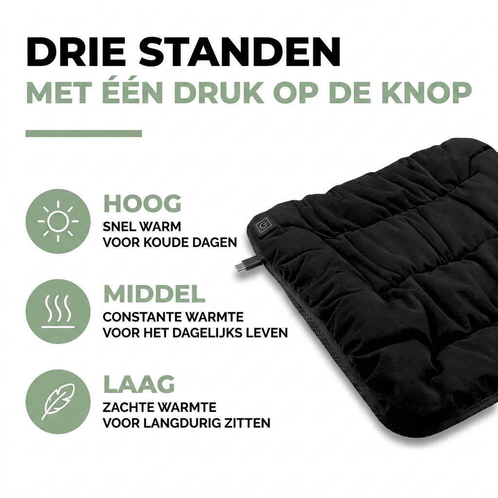 Verwarmd Zitkussen USB - 3 Warmtestanden - Voor Bureau, Auto & Huisdier