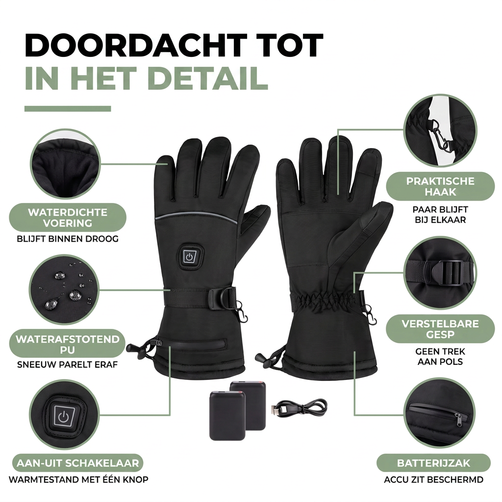 Verwarmde Handschoenen Oplaadbaar - 3 Warmtestanden - Waterdicht & Winddicht