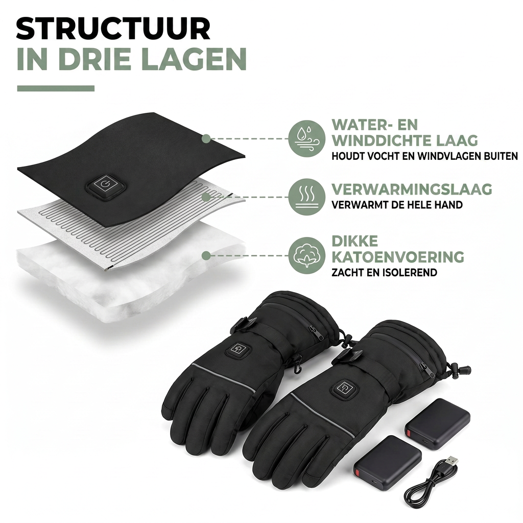 Verwarmde Handschoenen Oplaadbaar - 3 Warmtestanden - Waterdicht & Winddicht