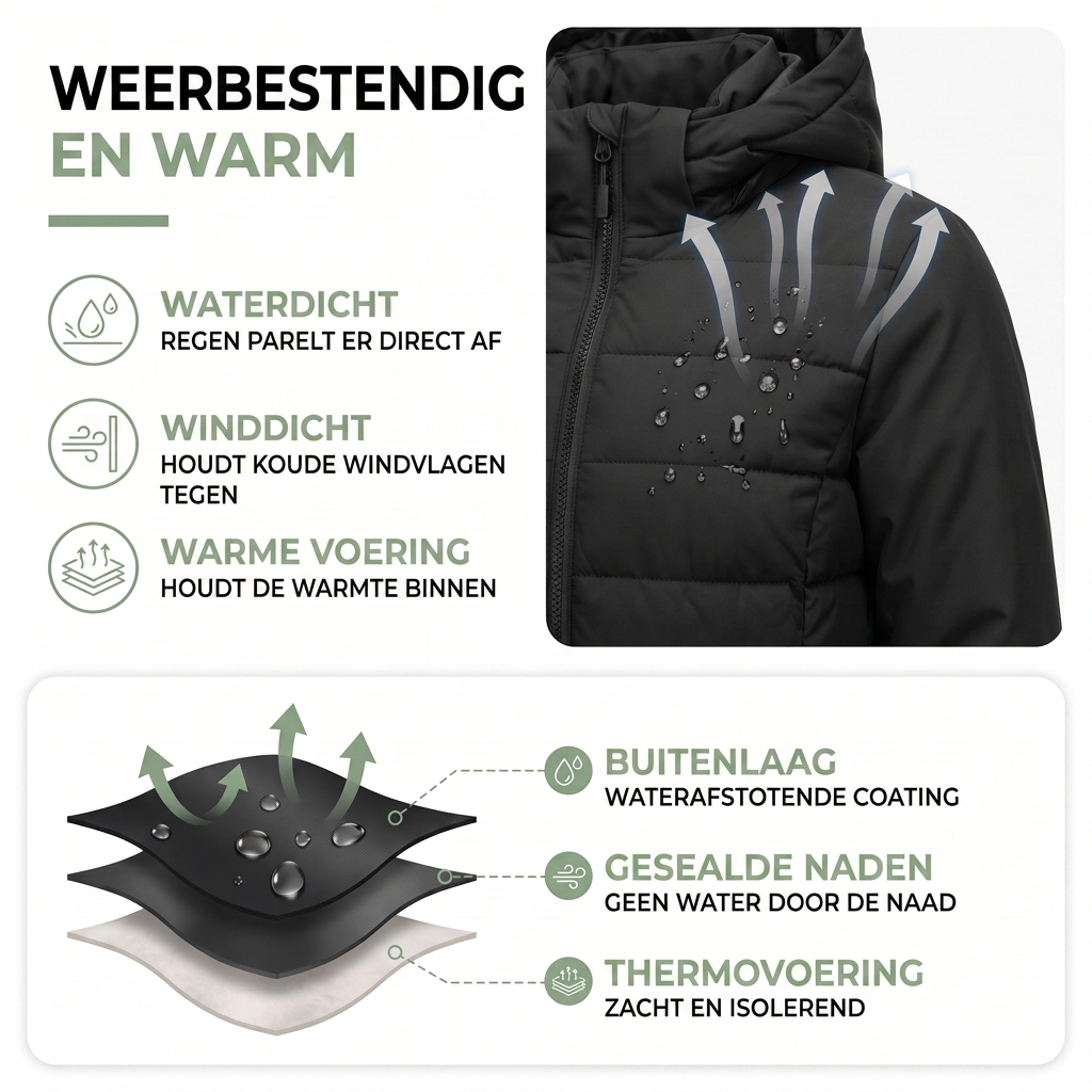 Gewatteerde Jas Dames - Waterdicht & Winddicht - Slim Fit met Capuchon