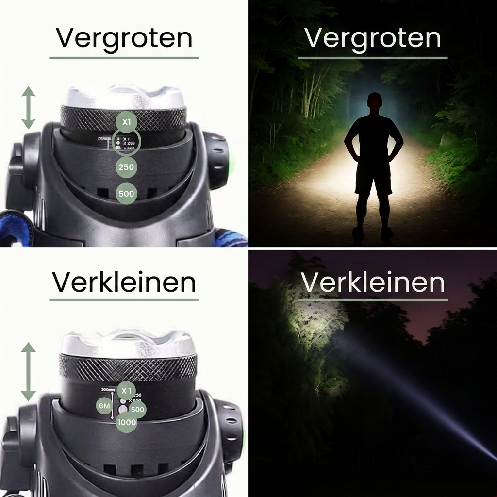 Hoofdlamp LED 1000 Lumen - Zoom & 90° Kantelbaar - Oplaadbaar