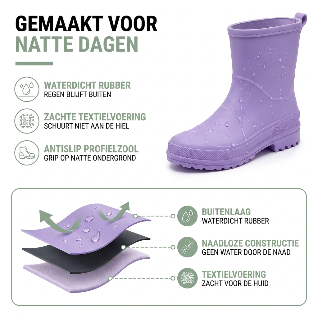 Regenlaarzen Dames - Halfhoog & Waterdicht - Antislip Profielzool