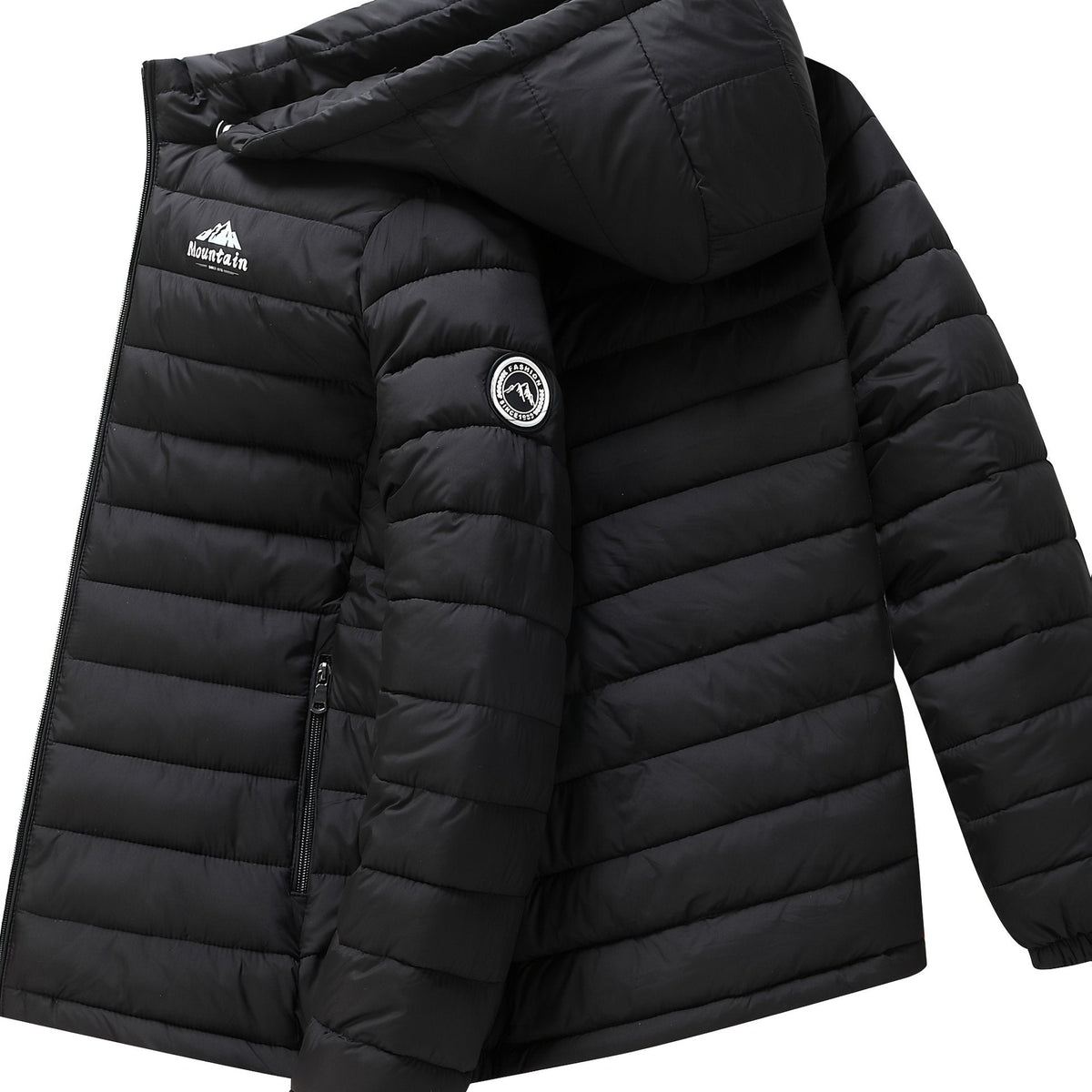 Heren winterjas met capuchon, gewatteerd in het zwart