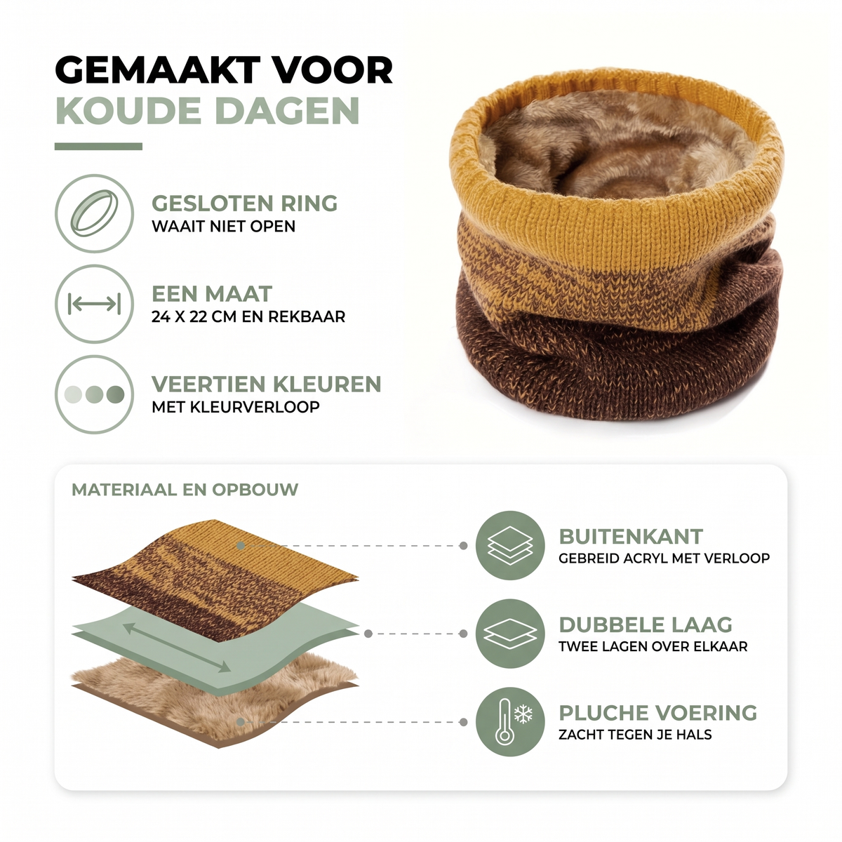 Nekwarmer met kleurverloop als gesloten ring van 24 x 22 cm, gebreid acryl met zachte pluche voering