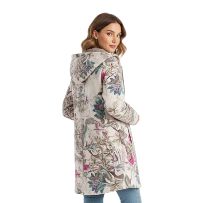 Lange winterjas dames met bloemenprint en capuchon