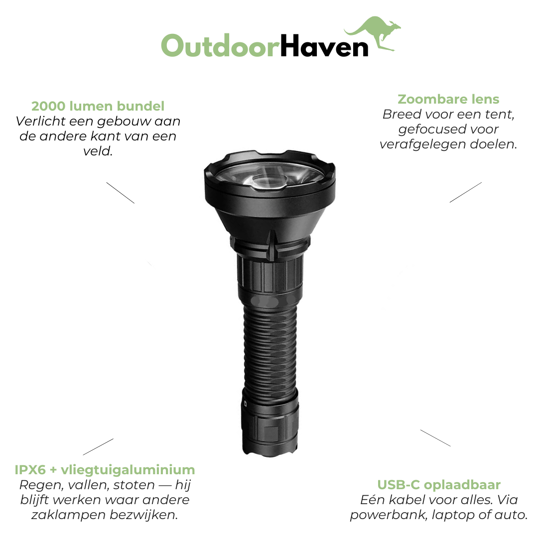 Zaklamp 2000 Lumen - 964M Bereik IPX6 - Oplaadbaar USB-C