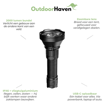Zaklamp 2000 Lumen - 964M Bereik IPX6 - Oplaadbaar USB-C