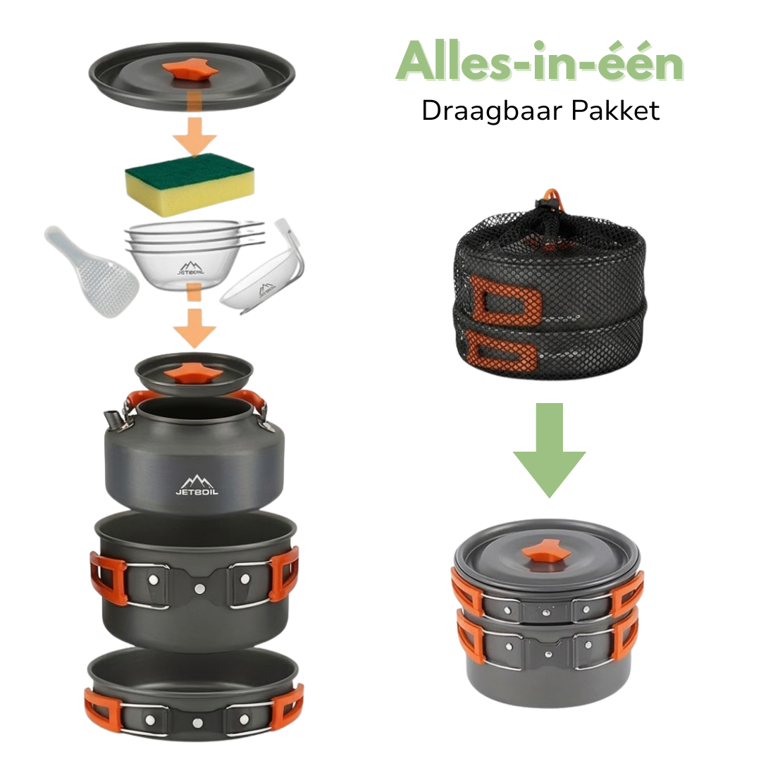 Camping Kookset – Complete 9-Delige Set – Pan, Waterketel & Koekenpan