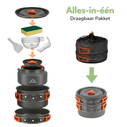 Camping Kookset – Complete 9-Delige Set – Pan, Waterketel & Koekenpan