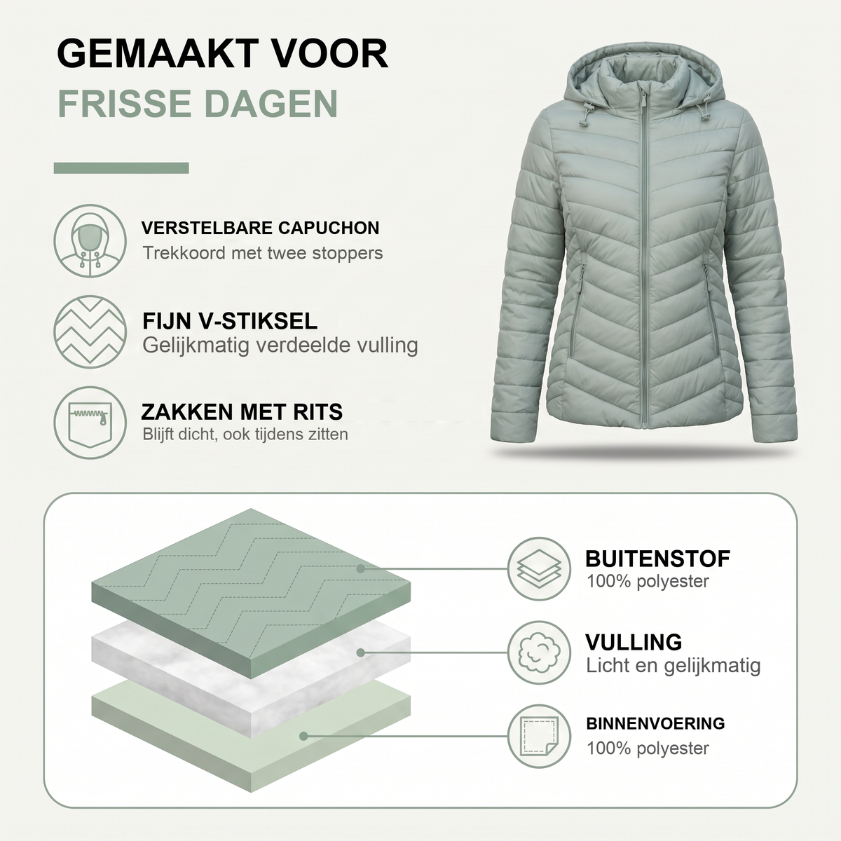 Gewatteerde jas dames met verstelbare capuchon