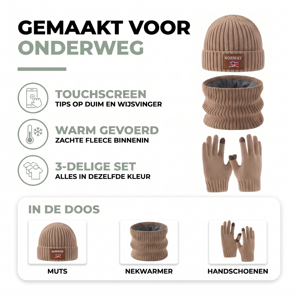 Touchscreen handschoenen met muts en nekwarmer - 3-delige winterset met zachte fleece voering
