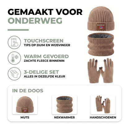 Touchscreen handschoenen met muts en nekwarmer - 3-delige winterset met zachte fleece voering