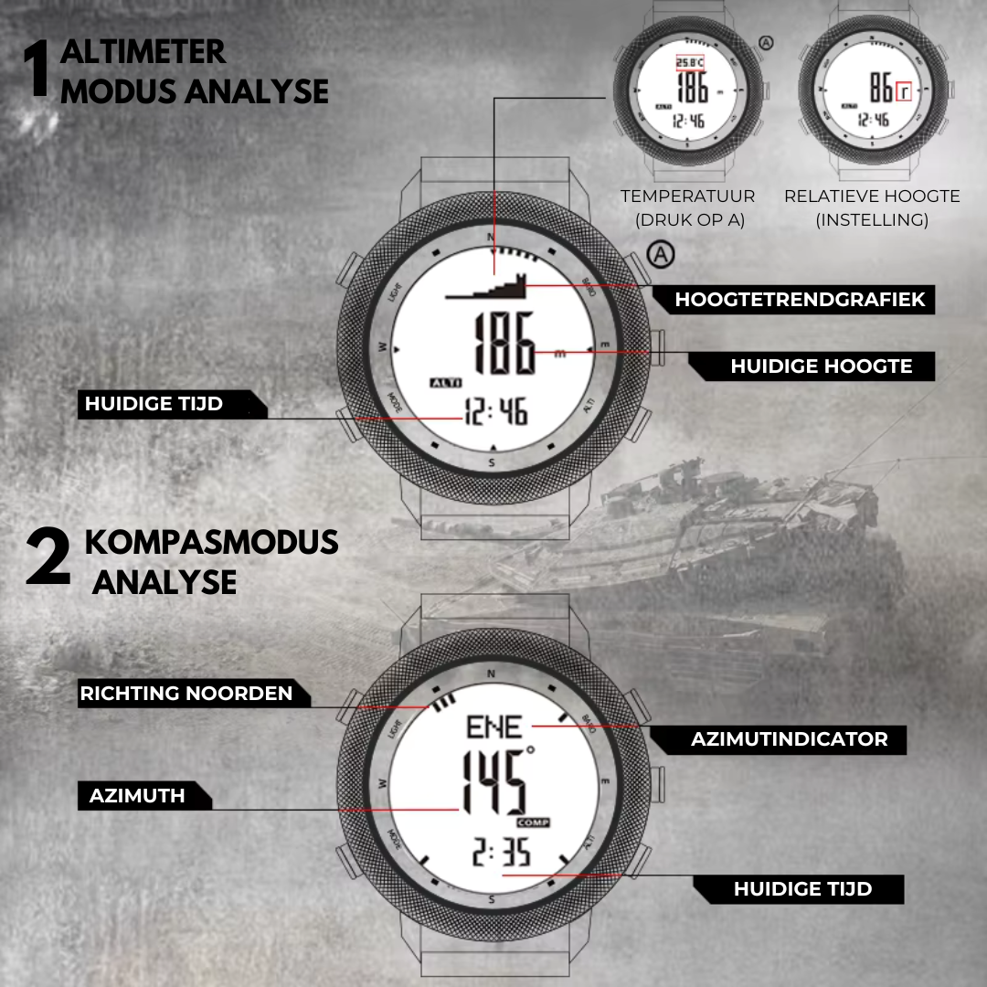 Outdoor Sport Horloge - Waterdicht 50M - Barometer & Kompas - OutdoorHavenNL