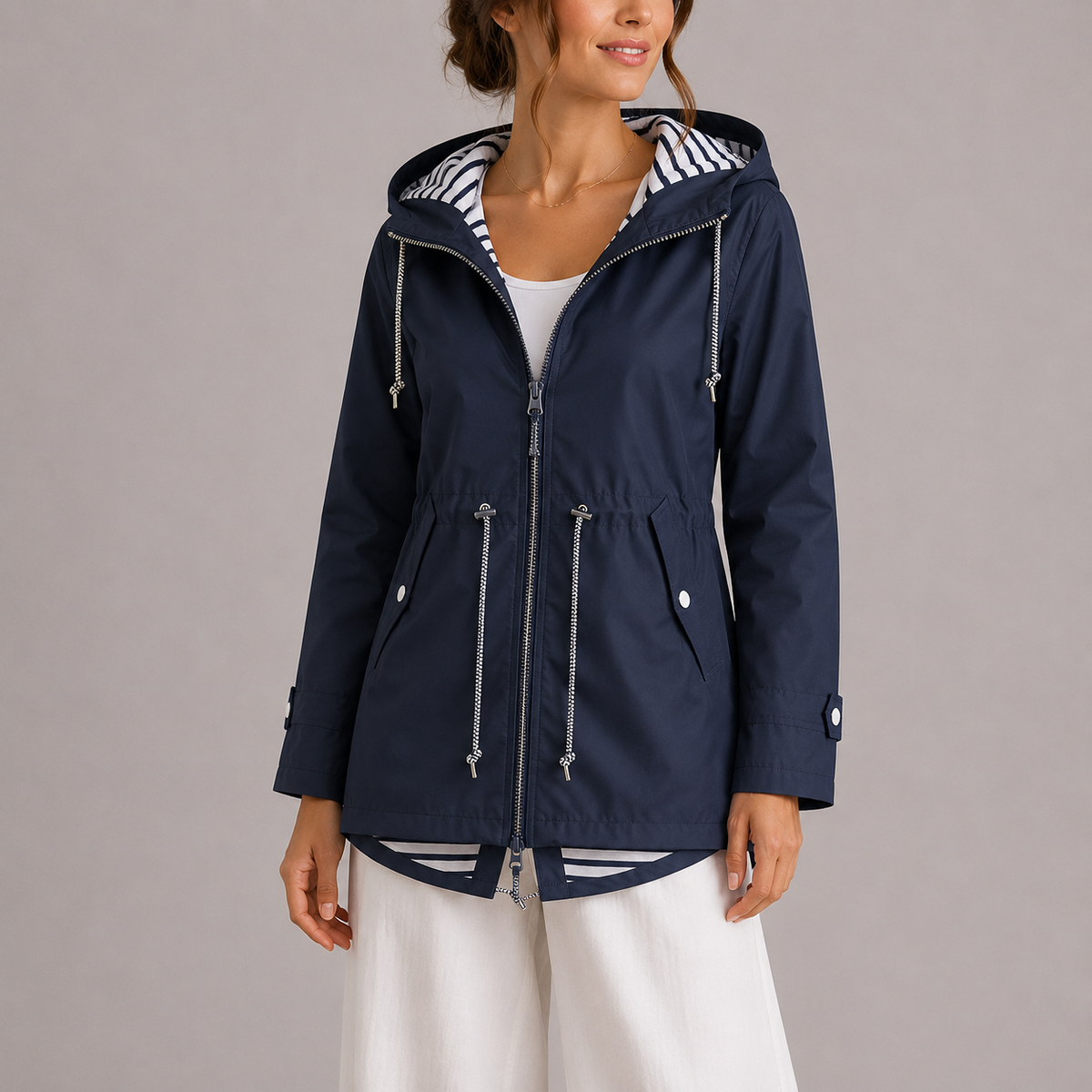 Regenjas voor dames met capuchon en gestreepte voering