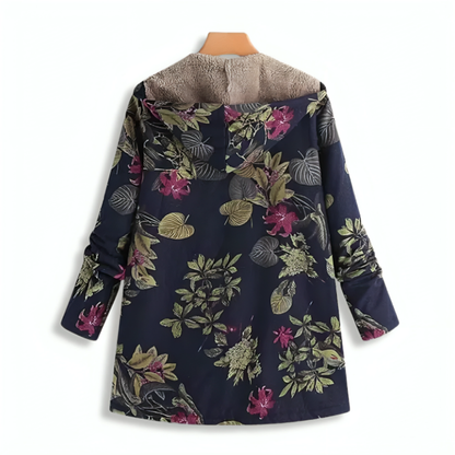 Lange winterjas dames met bloemenprint en capuchon