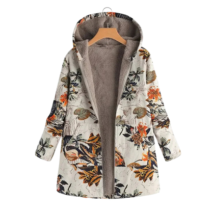 Lange winterjas dames met bloemenprint en capuchon