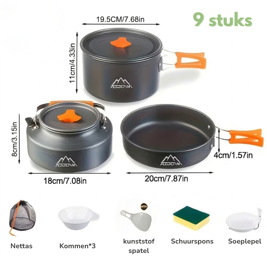Camping Kookset – Complete 9-Delige Set – Pan, Waterketel & Koekenpan