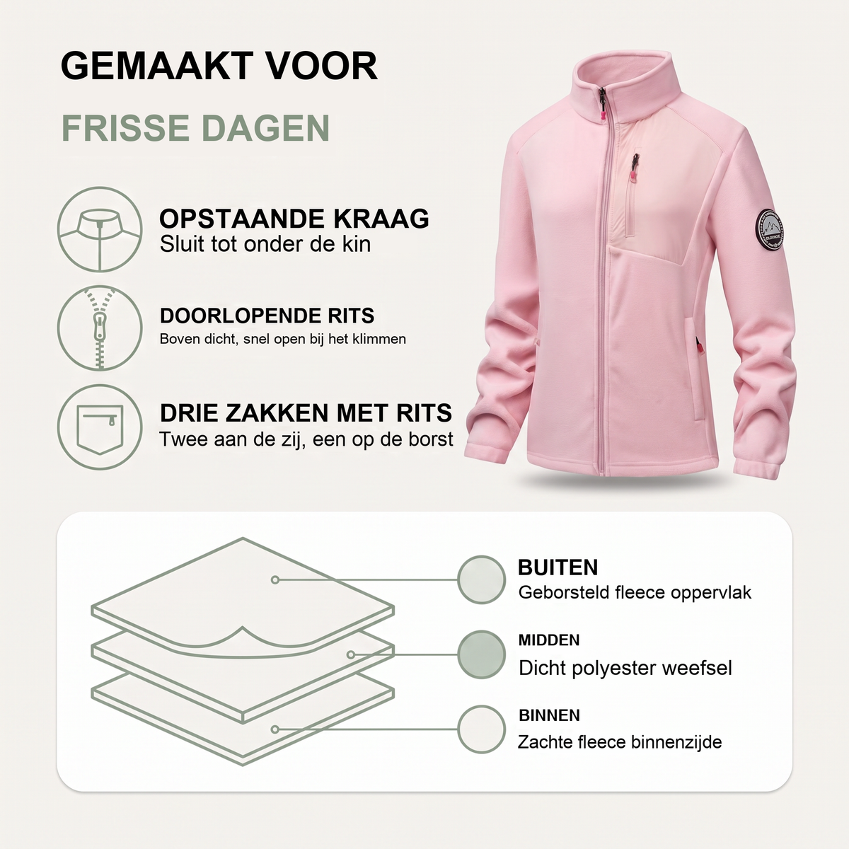 Dames fleece jas met opstaande kraag en drie ritszakken