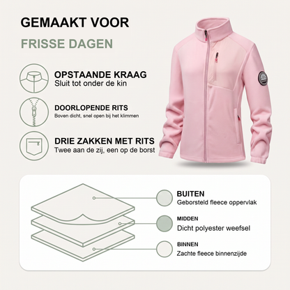 Dames fleece jas met opstaande kraag en drie ritszakken