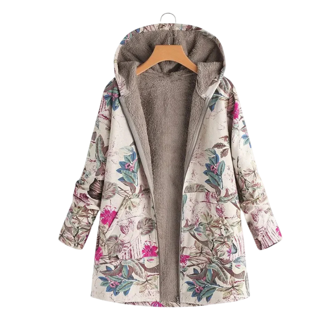 Lange winterjas dames met bloemenprint en capuchon