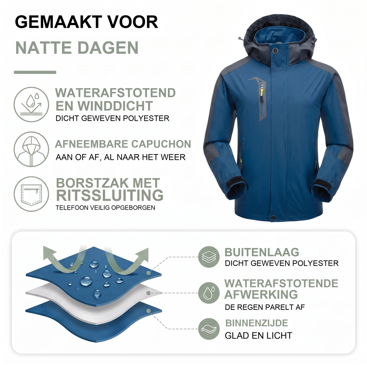 Regenjas voor heren met afneembare capuchon