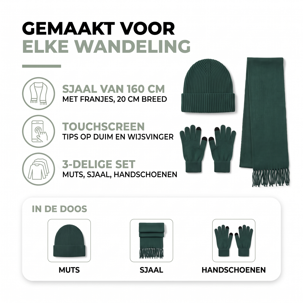 3-delige set met gebreide sjaal van 160 cm, muts en handschoenen met touchscreen-tips op duim en wijsvinger