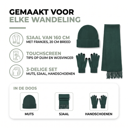 3-delige set met gebreide sjaal van 160 cm, muts en handschoenen met touchscreen-tips op duim en wijsvinger