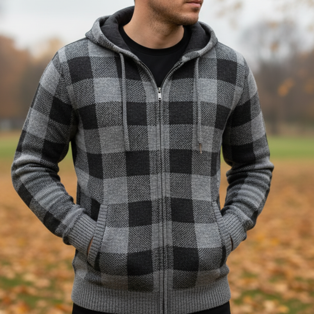 Gevoerd heren vest met capuchon en ruitpatroon