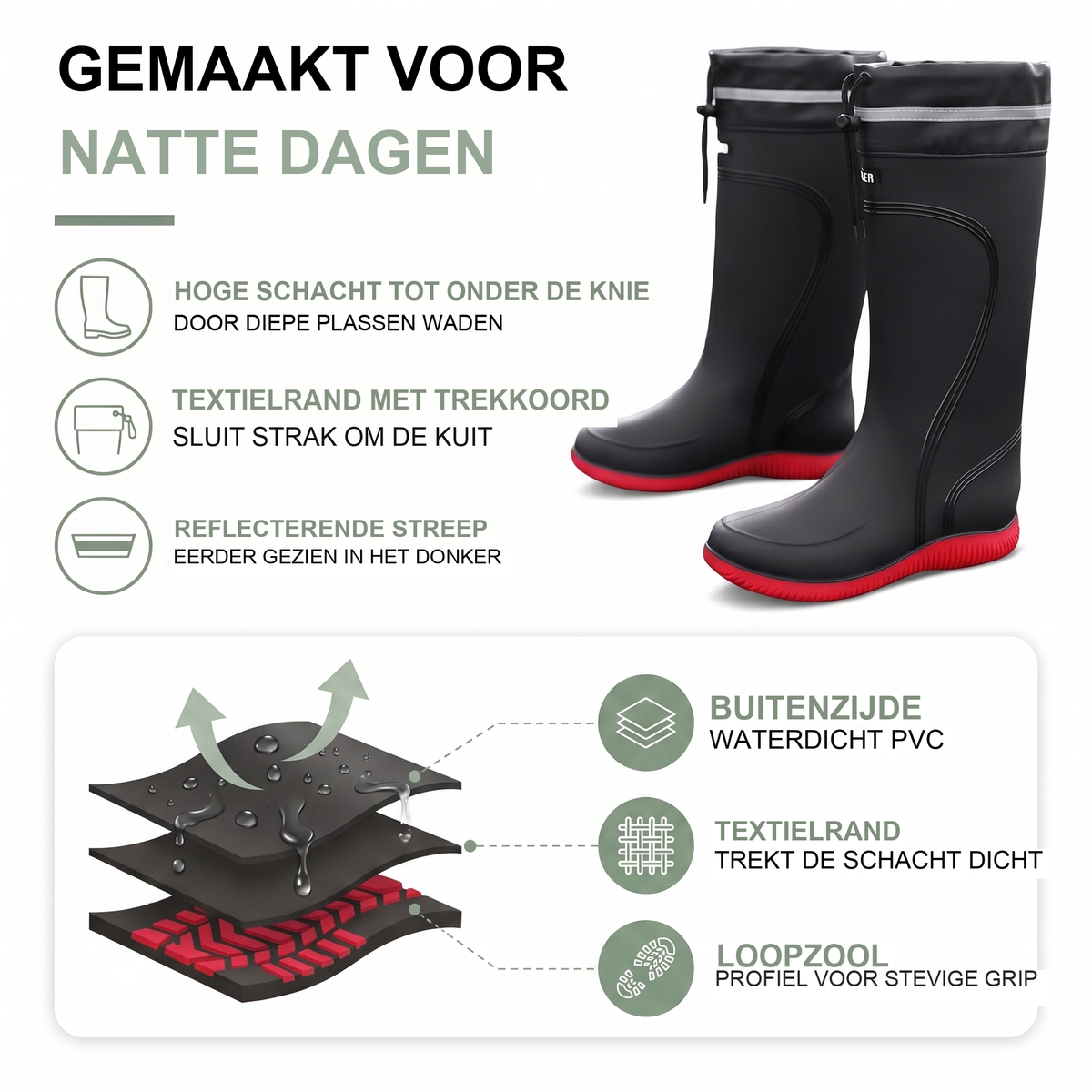 Hoge regenlaarzen dames en heren met kordeltrek