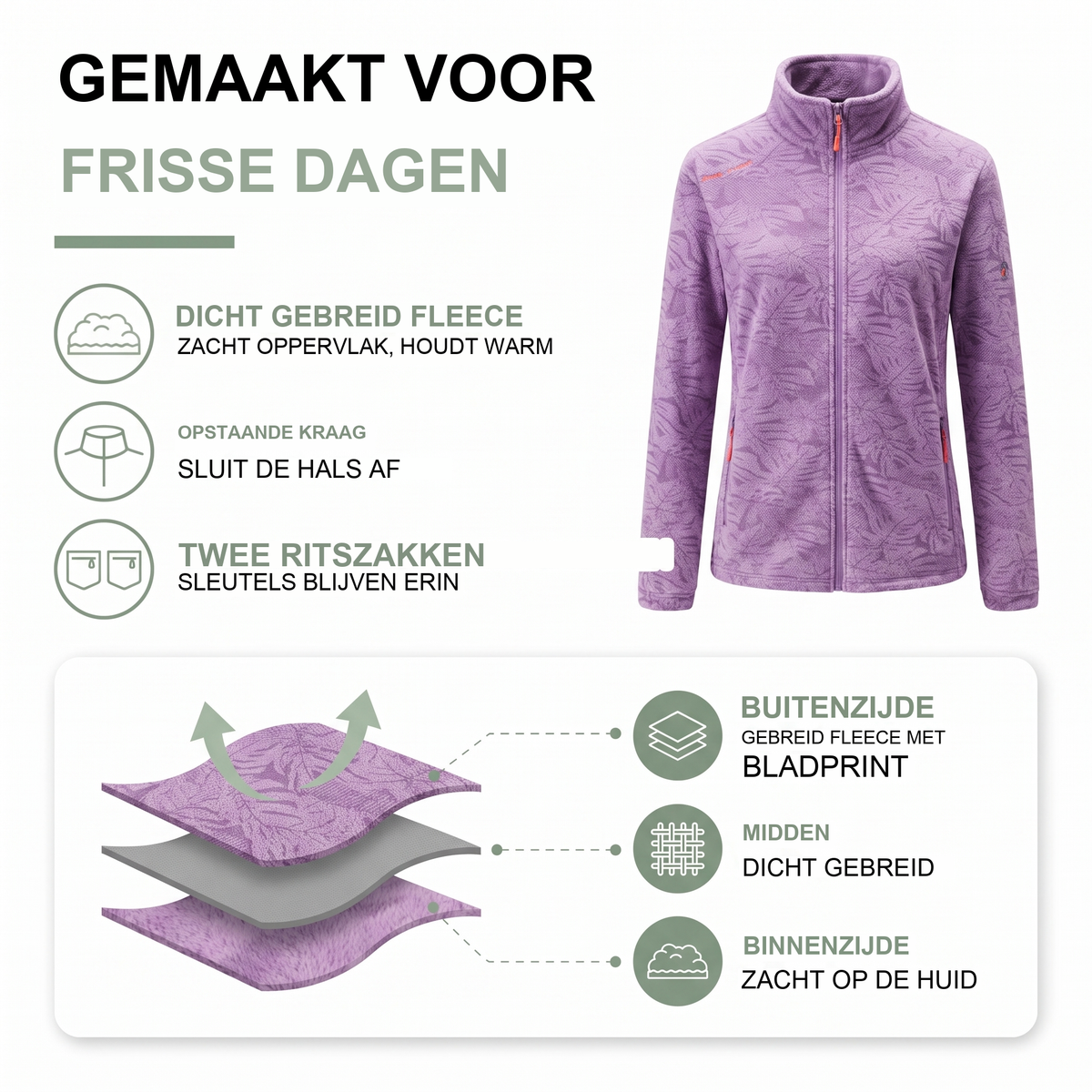 Dames fleece jas met opstaande kraag en bladprint