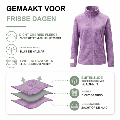 Dames fleece jas met opstaande kraag en bladprint