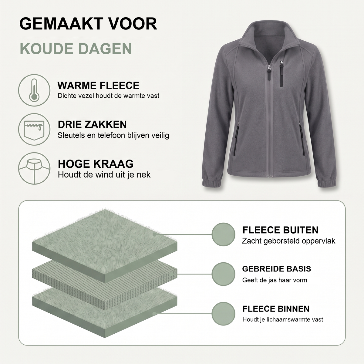 Grijze dames fleece jas met opstaande kraag