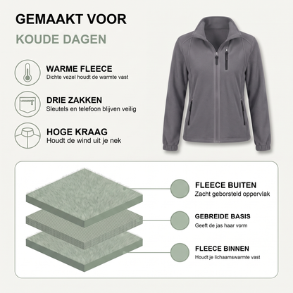 Grijze dames fleece jas met opstaande kraag