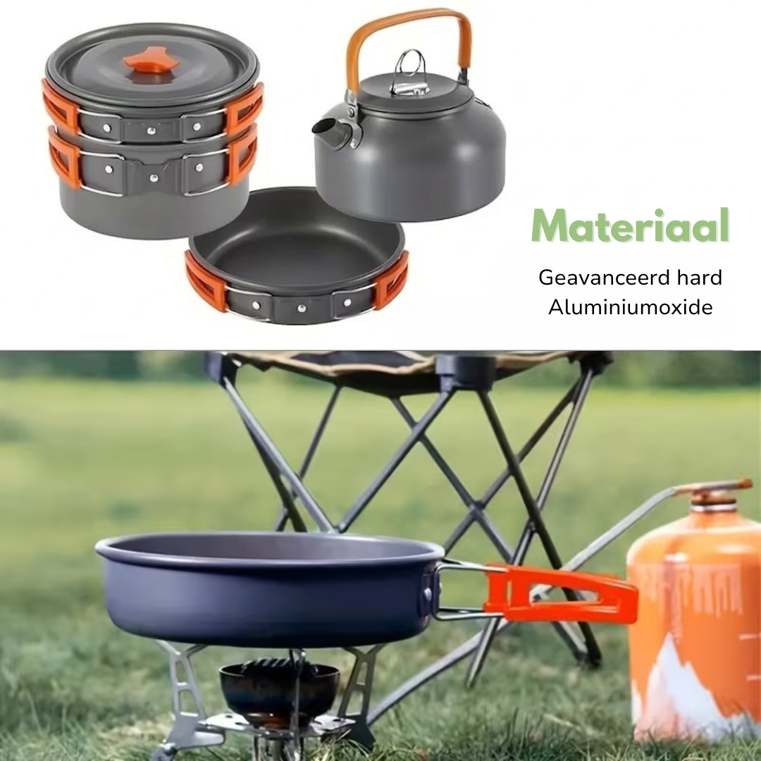 Camping Kookset – Complete 9-Delige Set – Pan, Waterketel & Koekenpan