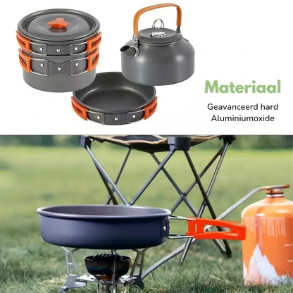 Camping Kookset – Complete 9-Delige Set – Pan, Waterketel & Koekenpan