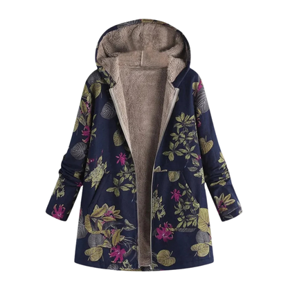 Lange winterjas dames met bloemenprint en capuchon