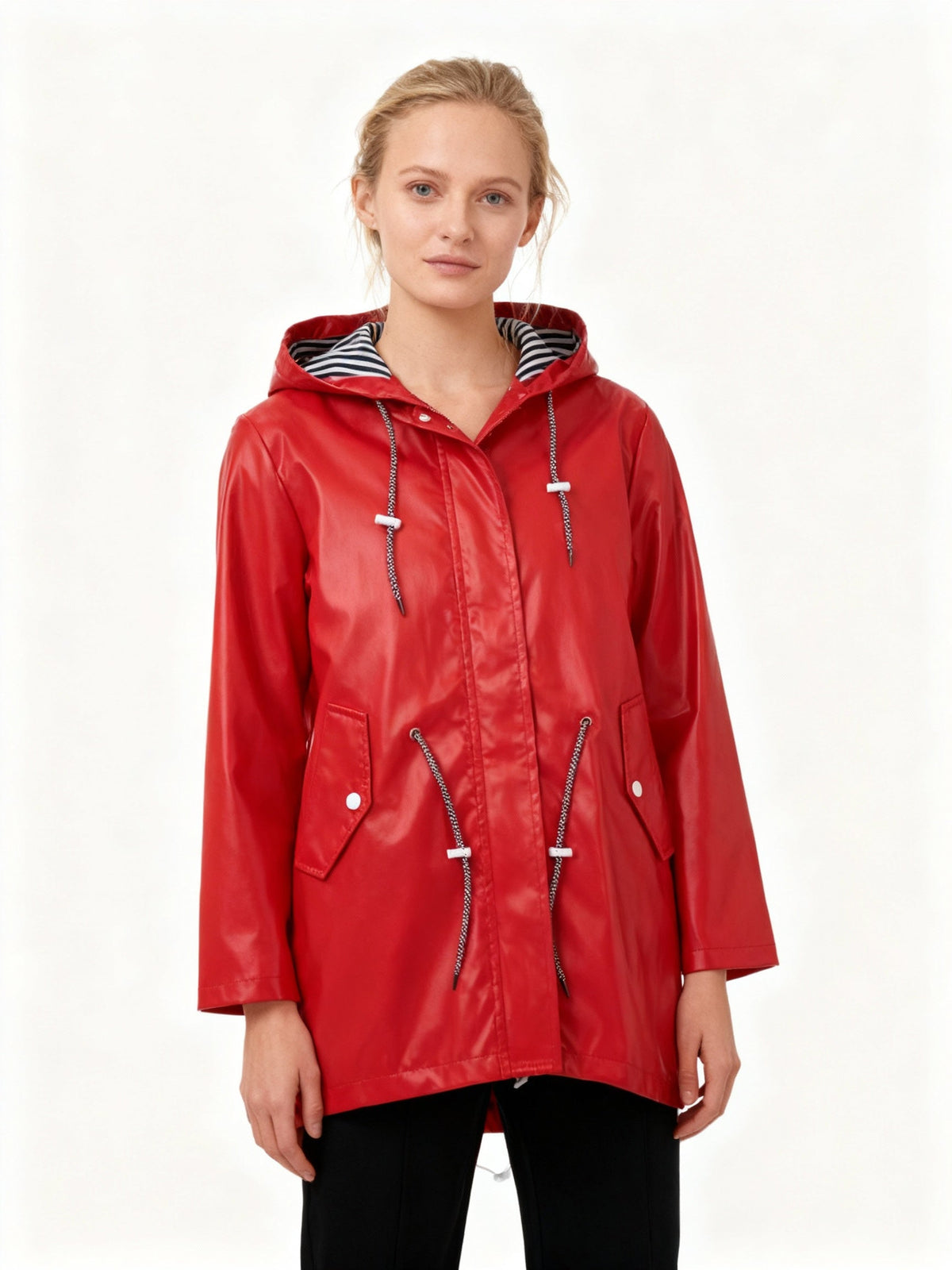 Regenjas dames lang met visstaartzoom en capuchon