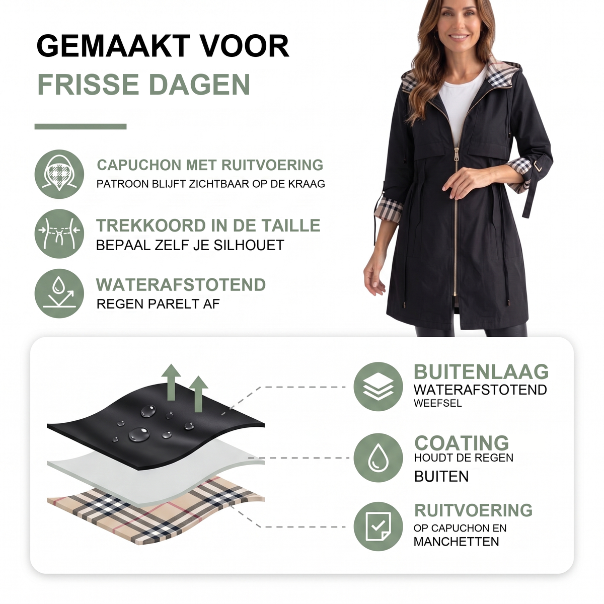 Tussenjas met capuchon voor dames, parka met geruite voering