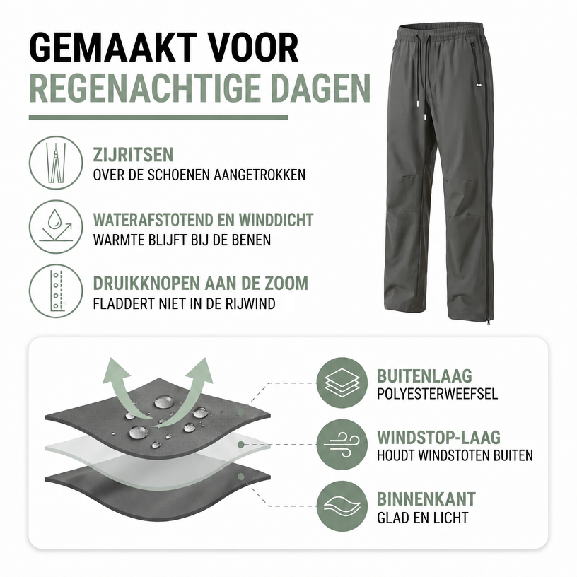 Regenbroek - Doorlopende Ritsen Zijkant - Waterafstotend & Winddicht