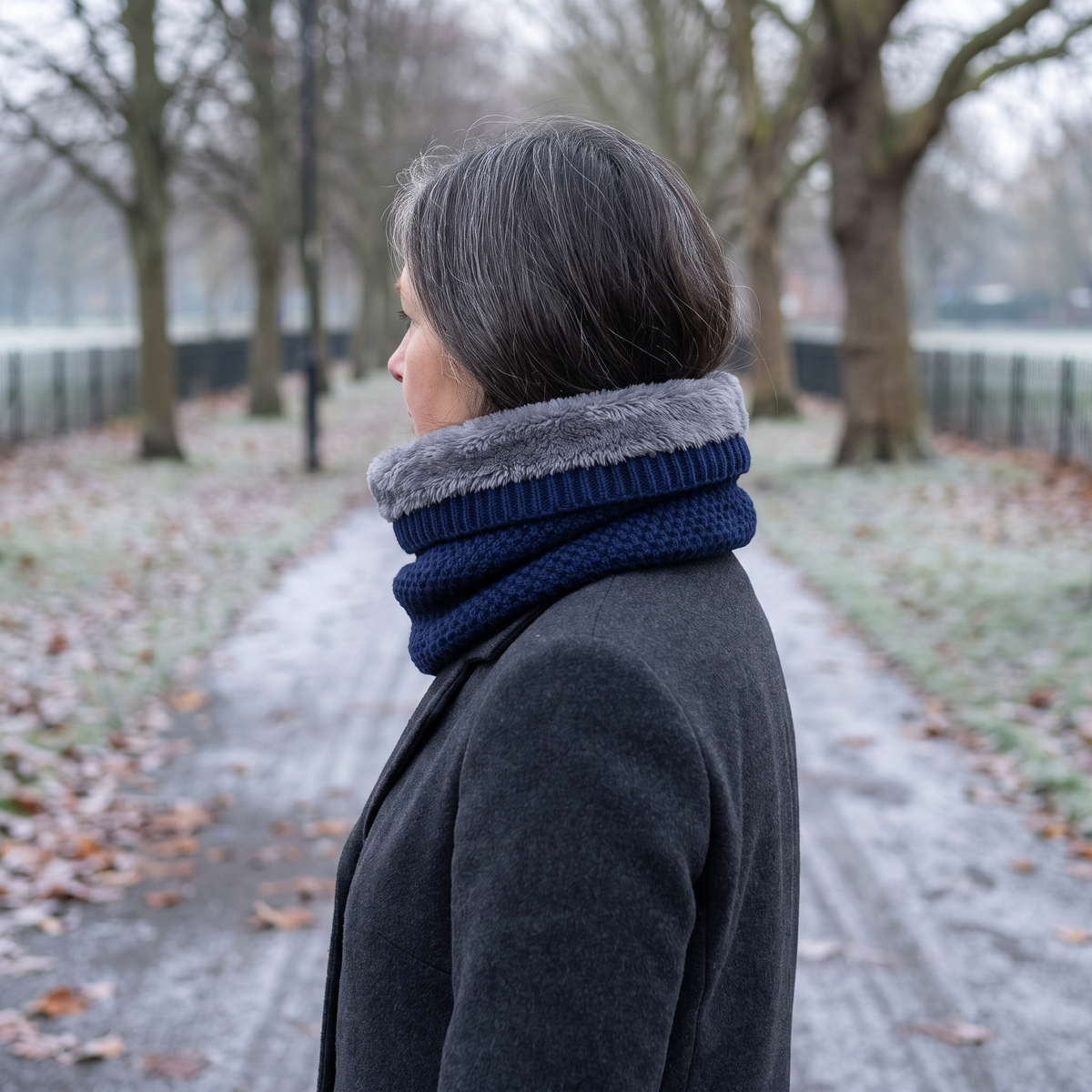 Vrouw met marineblauwe nekwarmer met grijze pluche voering op een berijpt parkpad