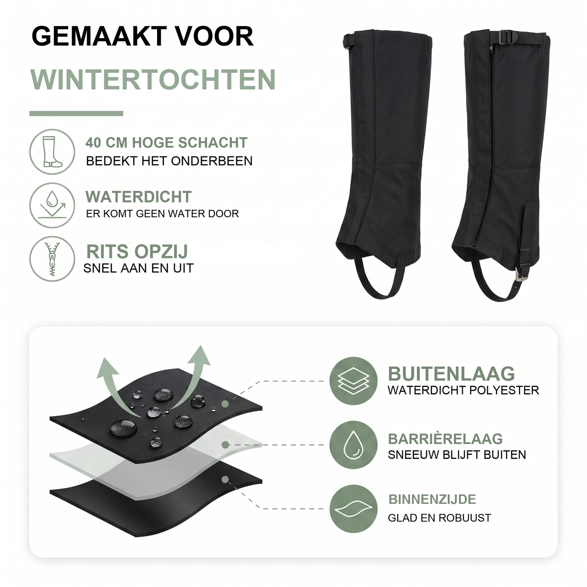 Waterdichte gamaschen voor het wandelen in het zwart