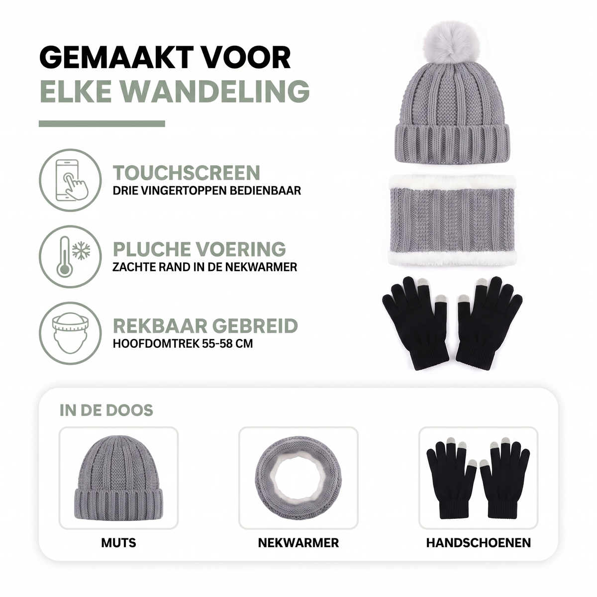 Muts sjaal handschoenen set met pluche voering in de nekwarmer en touchscreen-vingertoppen