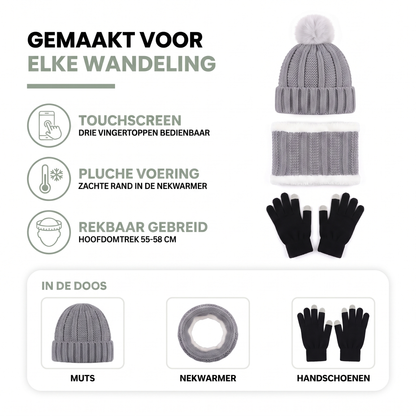 Muts sjaal handschoenen set met pluche voering in de nekwarmer en touchscreen-vingertoppen