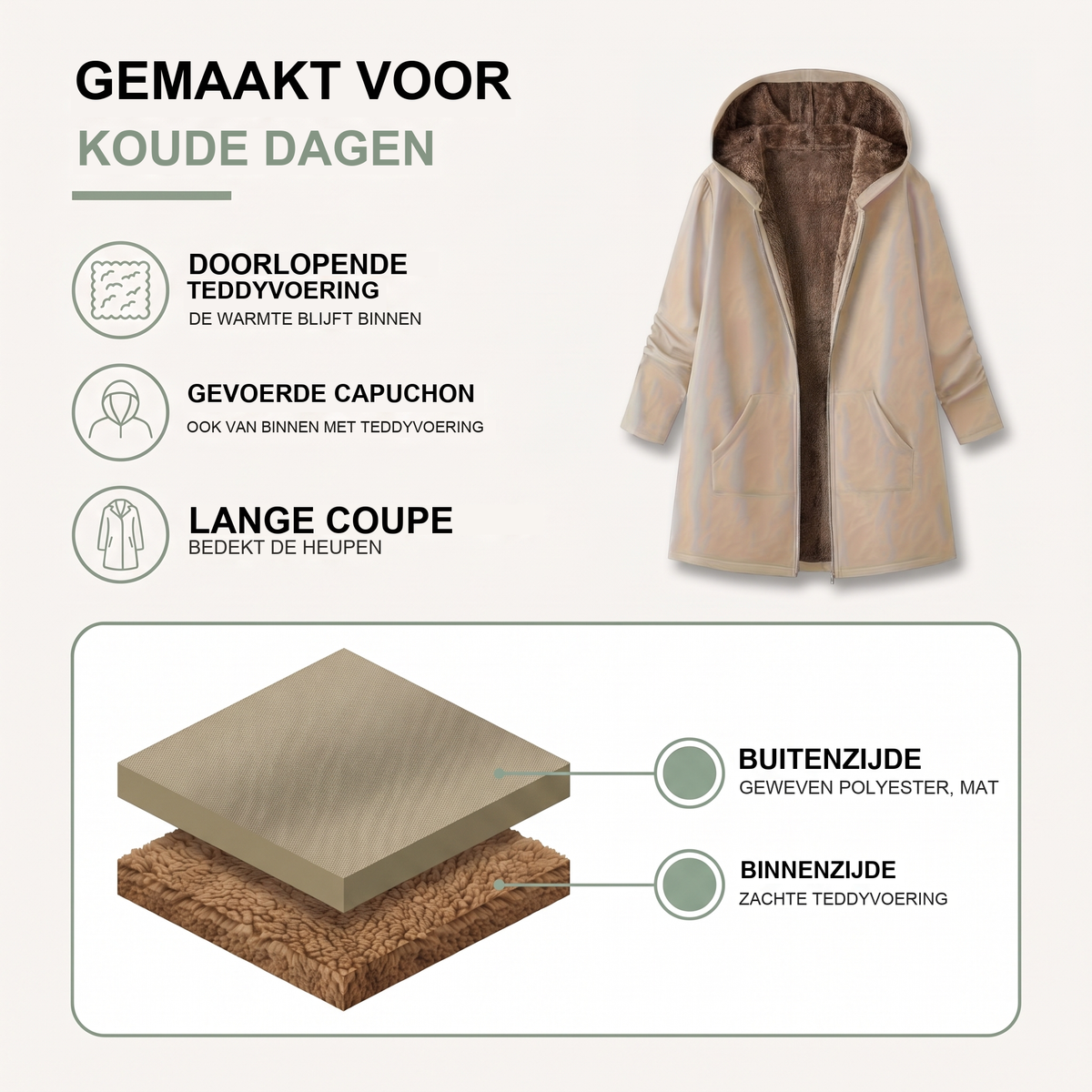 Winterjas dames met capuchon en teddyvoering