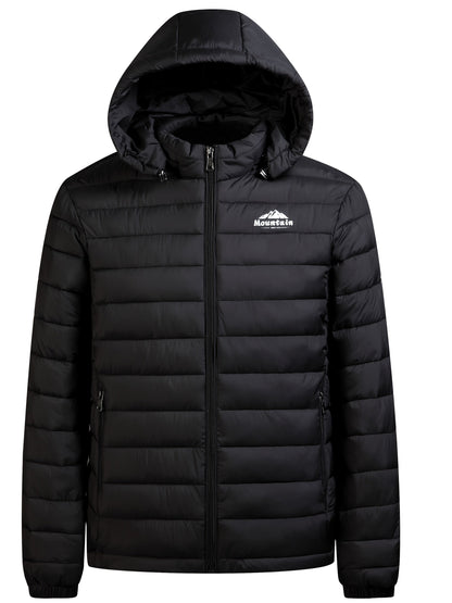 Heren winterjas met capuchon, gewatteerd in het zwart