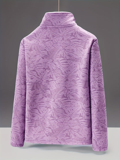 Dames fleece jas met opstaande kraag en bladprint
