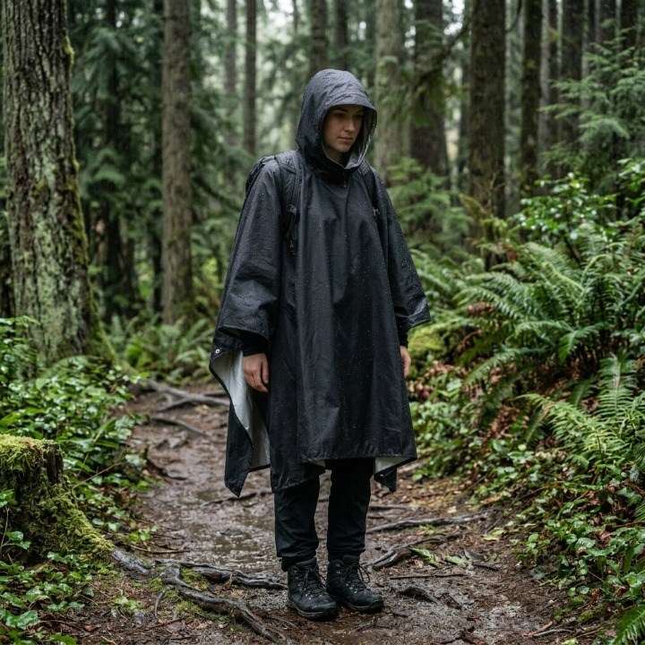 Regenponcho waterdicht met capuchon, inzetbaar als tarp