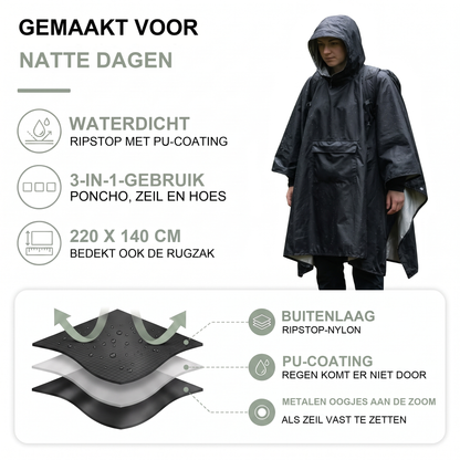Regenponcho waterdicht met capuchon, inzetbaar als tarp